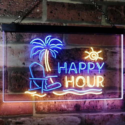 Beach Theme Happy Hour Dual LED Neon Light Sign